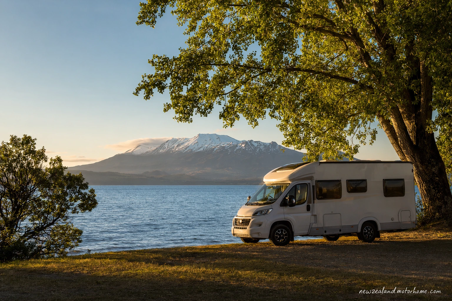 Campervan parked near Lake Taupo with calm water and central North Island hills in the background