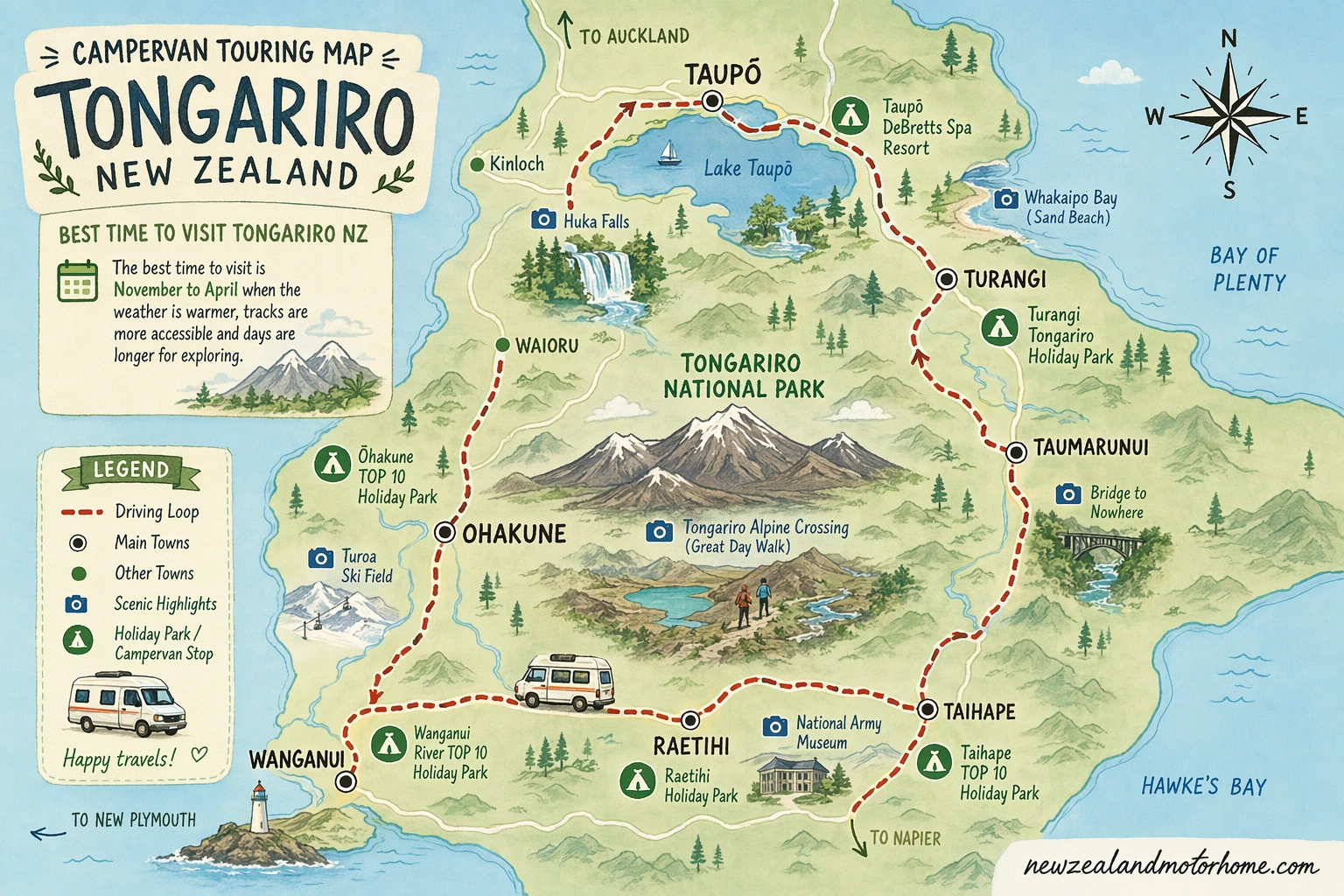 Illustrated campervan map — best time to visit tongariro nz