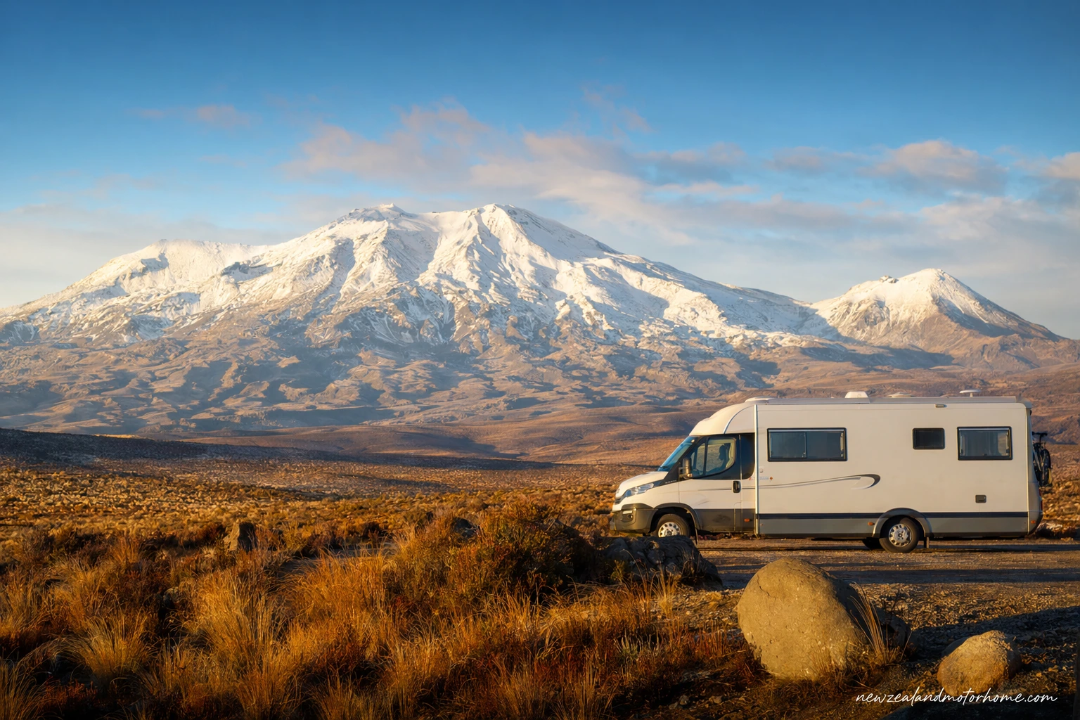 Campervan parked near Tongariro National Park with volcanic peaks and open plateau road in the background