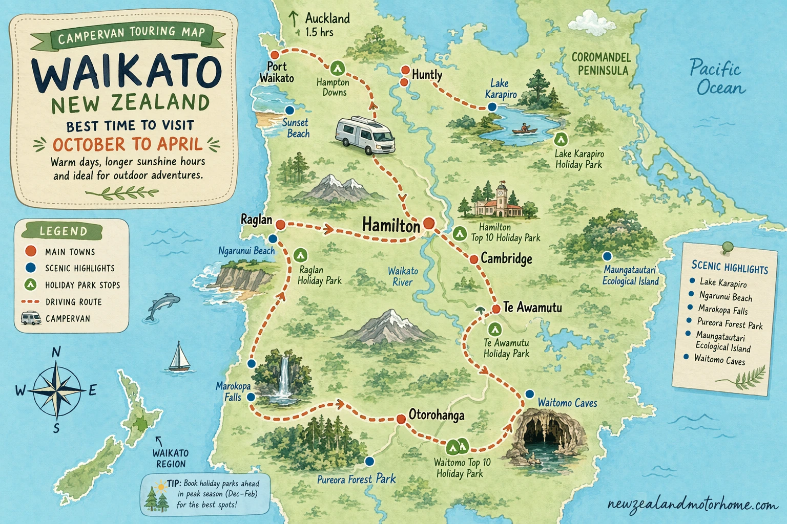 Illustrated campervan map — best time to visit waikato nz