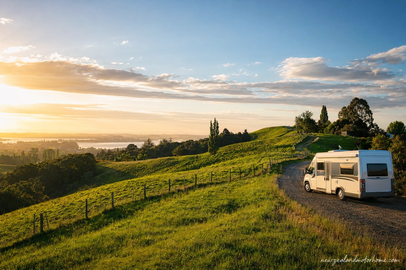 Campervan parked beside green Waikato countryside near Raglan on a calm touring day