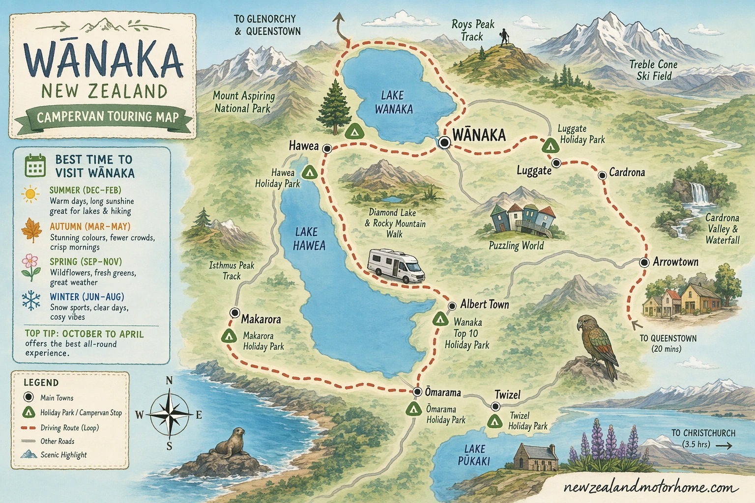Illustrated campervan map — best time to visit wanaka nz
