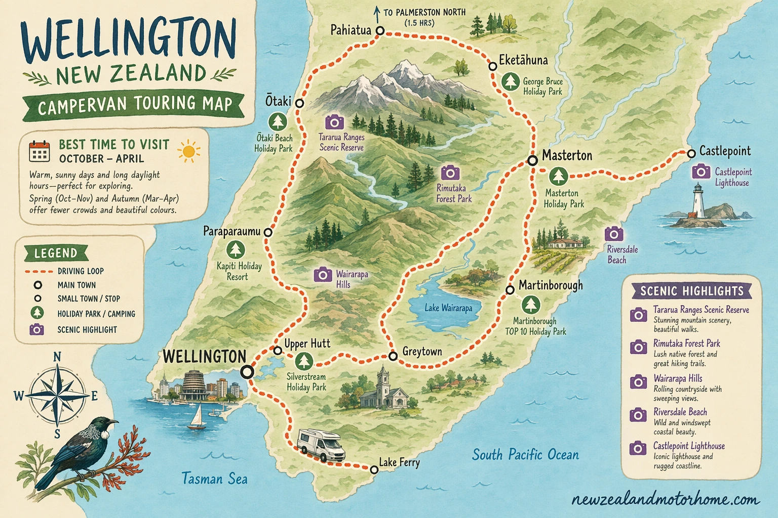 Illustrated campervan map — best time to visit wellington nz