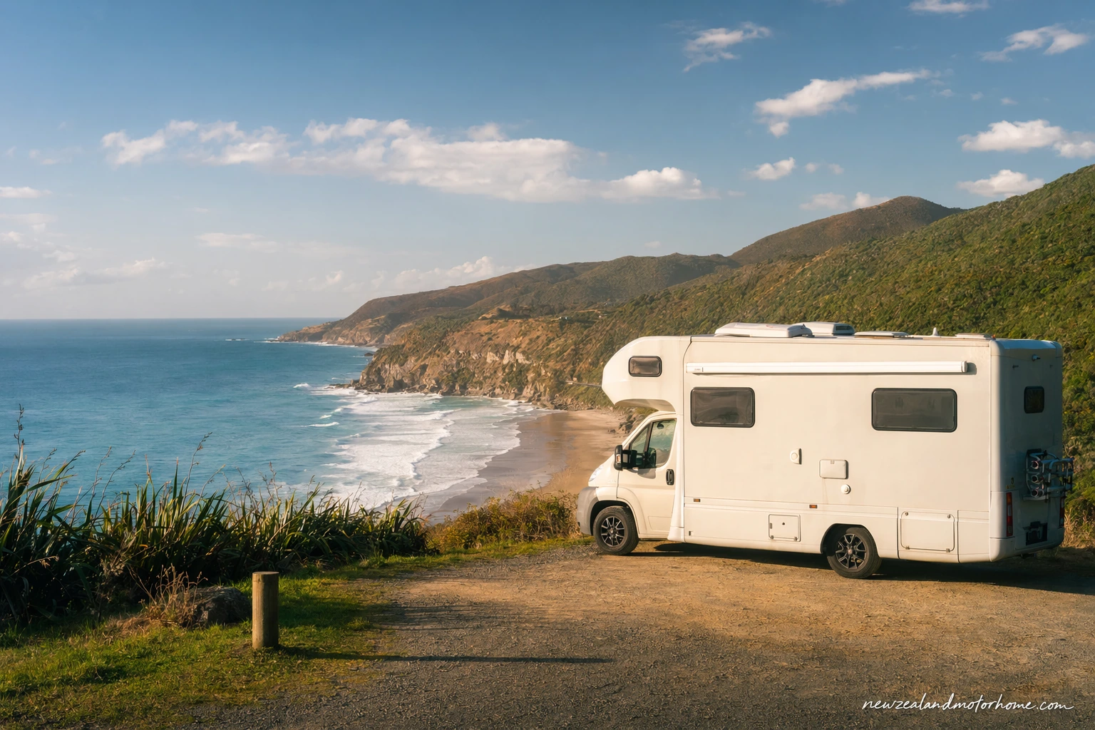 Campervan parked above Wellington harbour on a bright, windy day