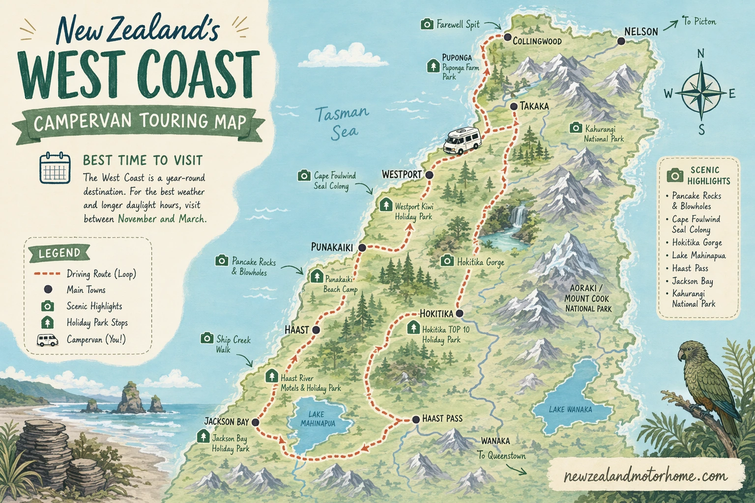 Illustrated campervan map — best time to visit west coast nz