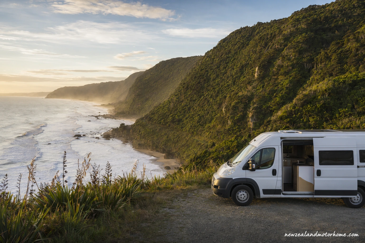 Campervan parked beside a wild West Coast NZ beach with rainforest and mountains behind