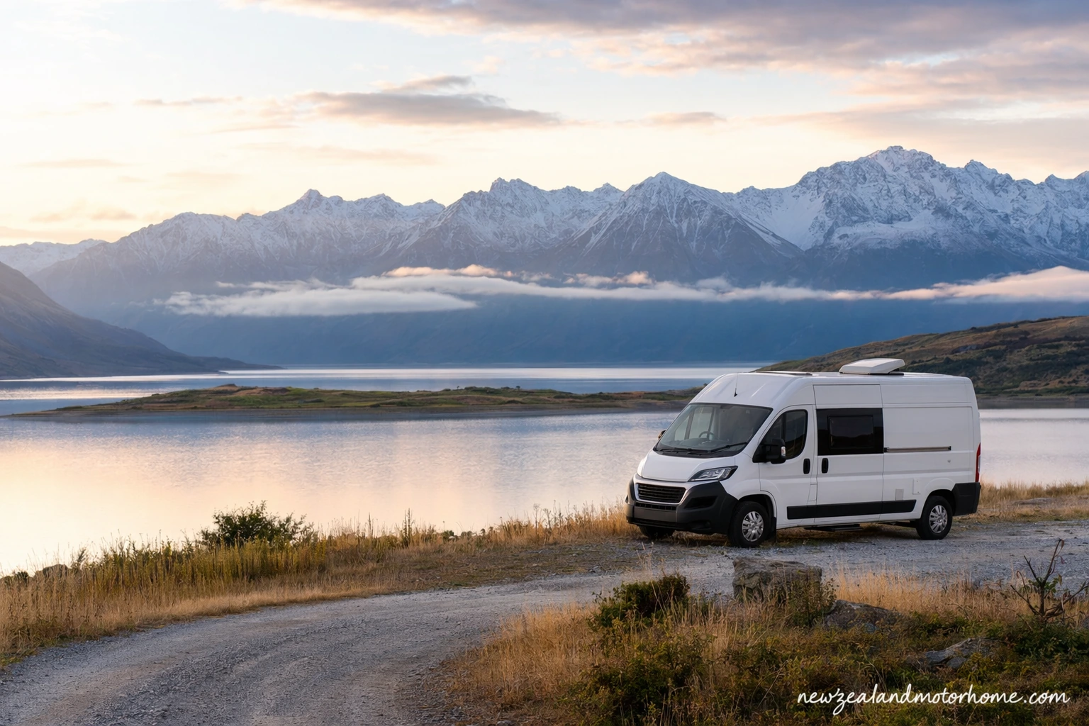 Campervan parked beside Lake Pukaki with Aoraki Mount Cook in the distance