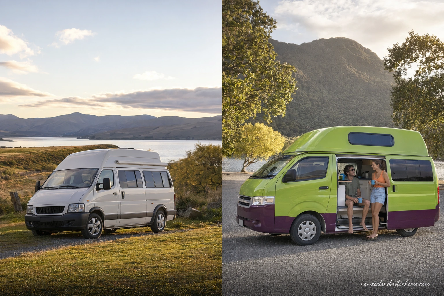 Campervan parked beside Lake Pukaki with Aoraki Mount Cook in the distance