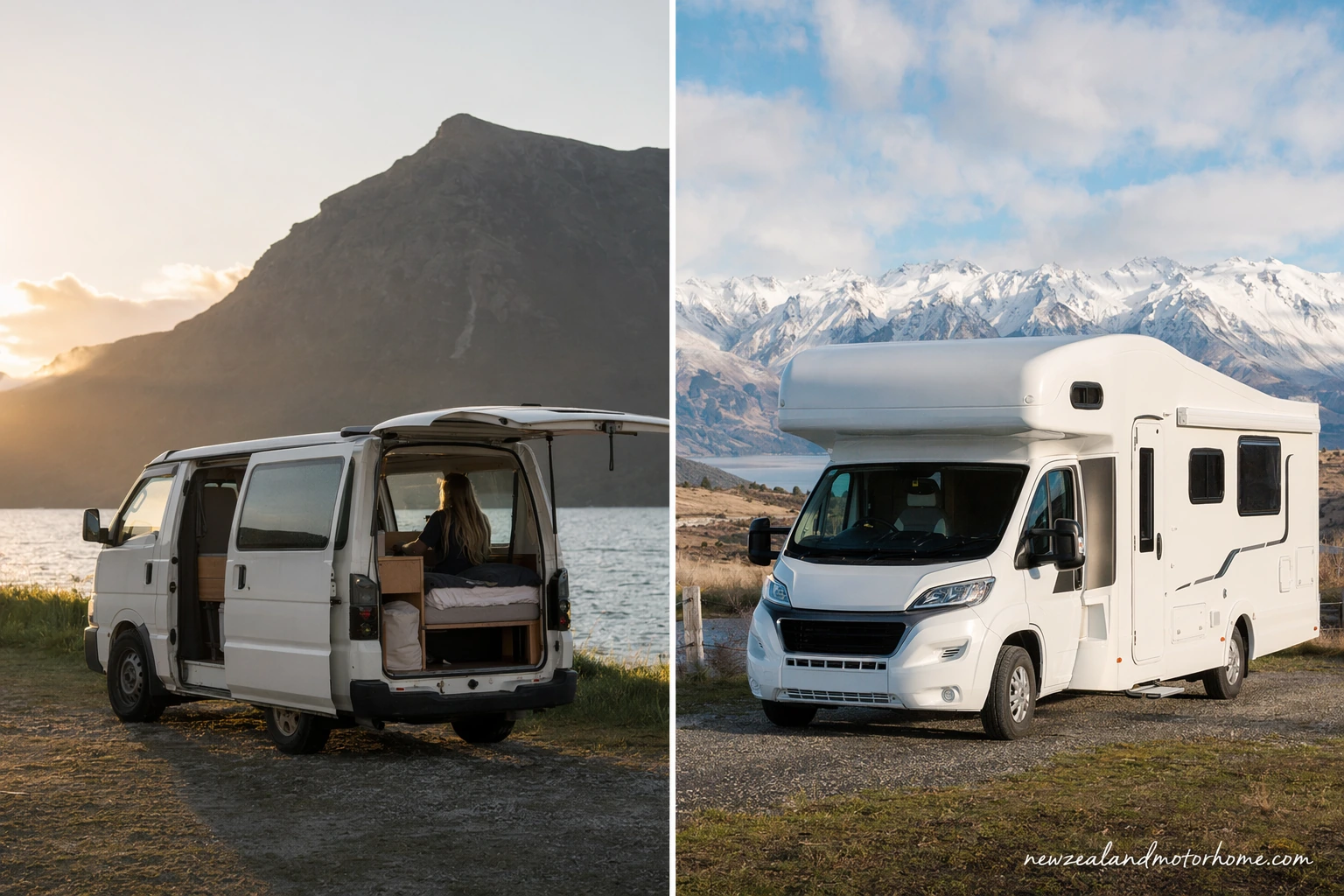 Campervan parked beside a lakeside New Zealand campsite with mountains in the background