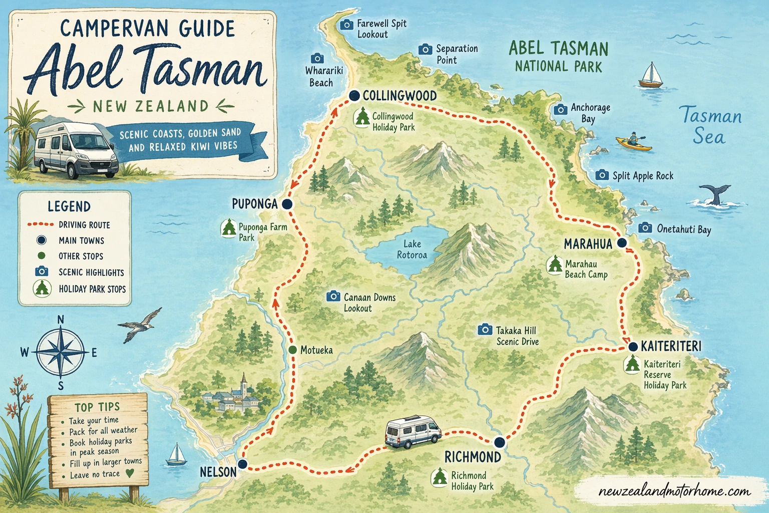 Illustrated campervan map — campervan guide abel tasman nz