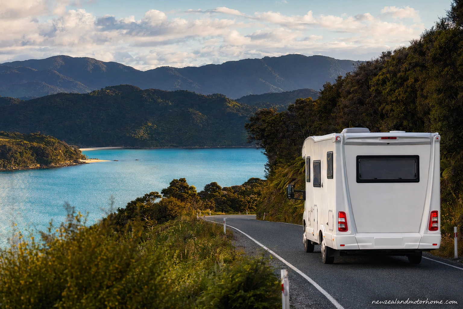 Campervan parked near the golden beaches and bush-covered hills of Abel Tasman