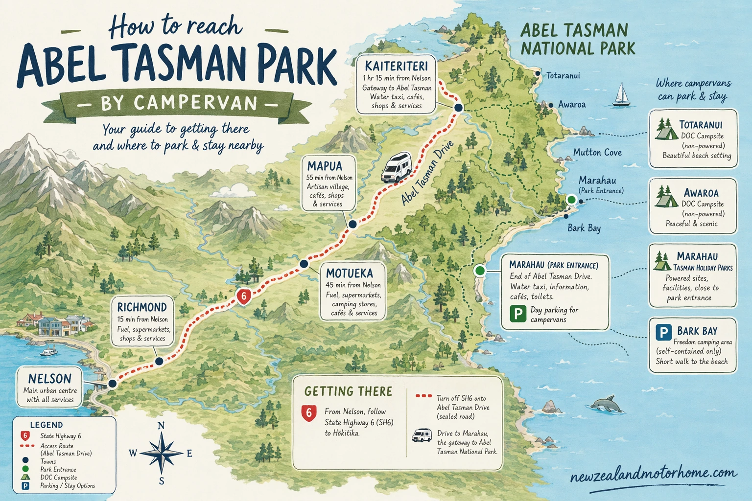 Illustrated campervan map — abel tasman park campervan guide