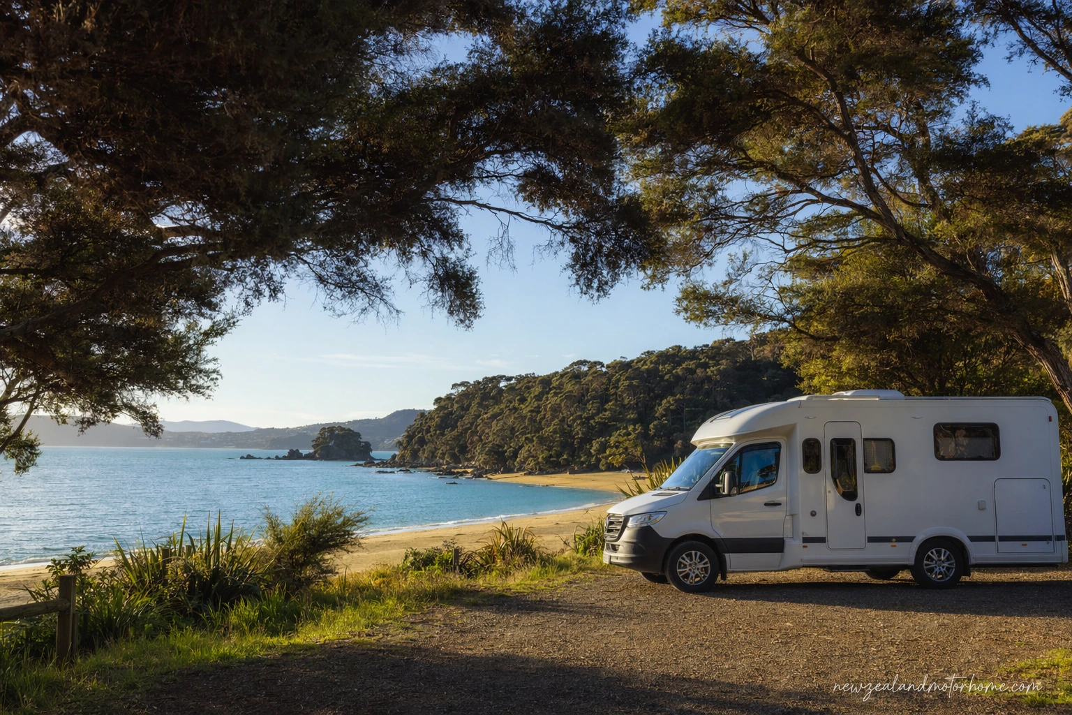 Campervan parked near the golden coast of Abel Tasman Park with native bush and beach access nearby