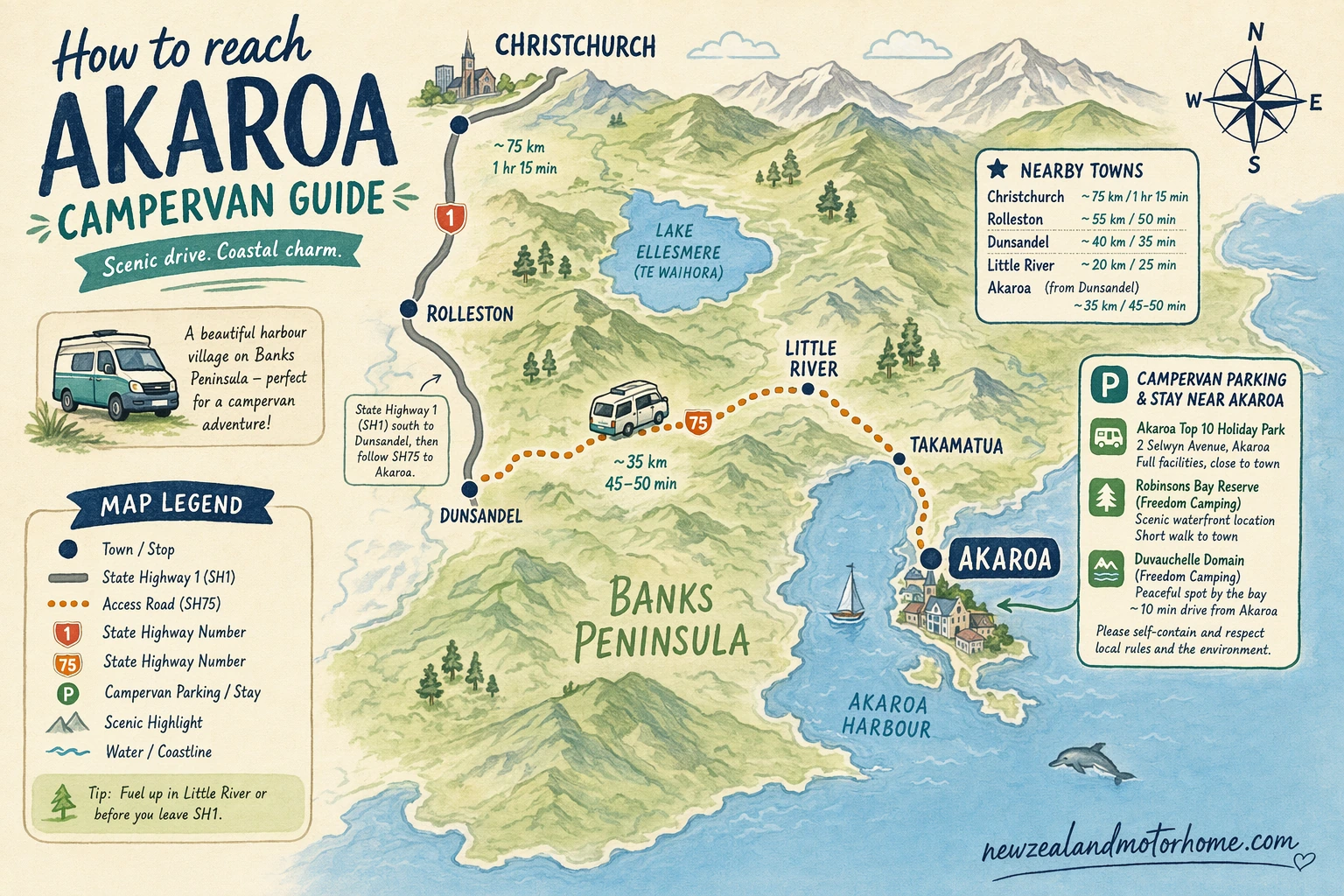 Illustrated campervan map — akaroa campervan guide