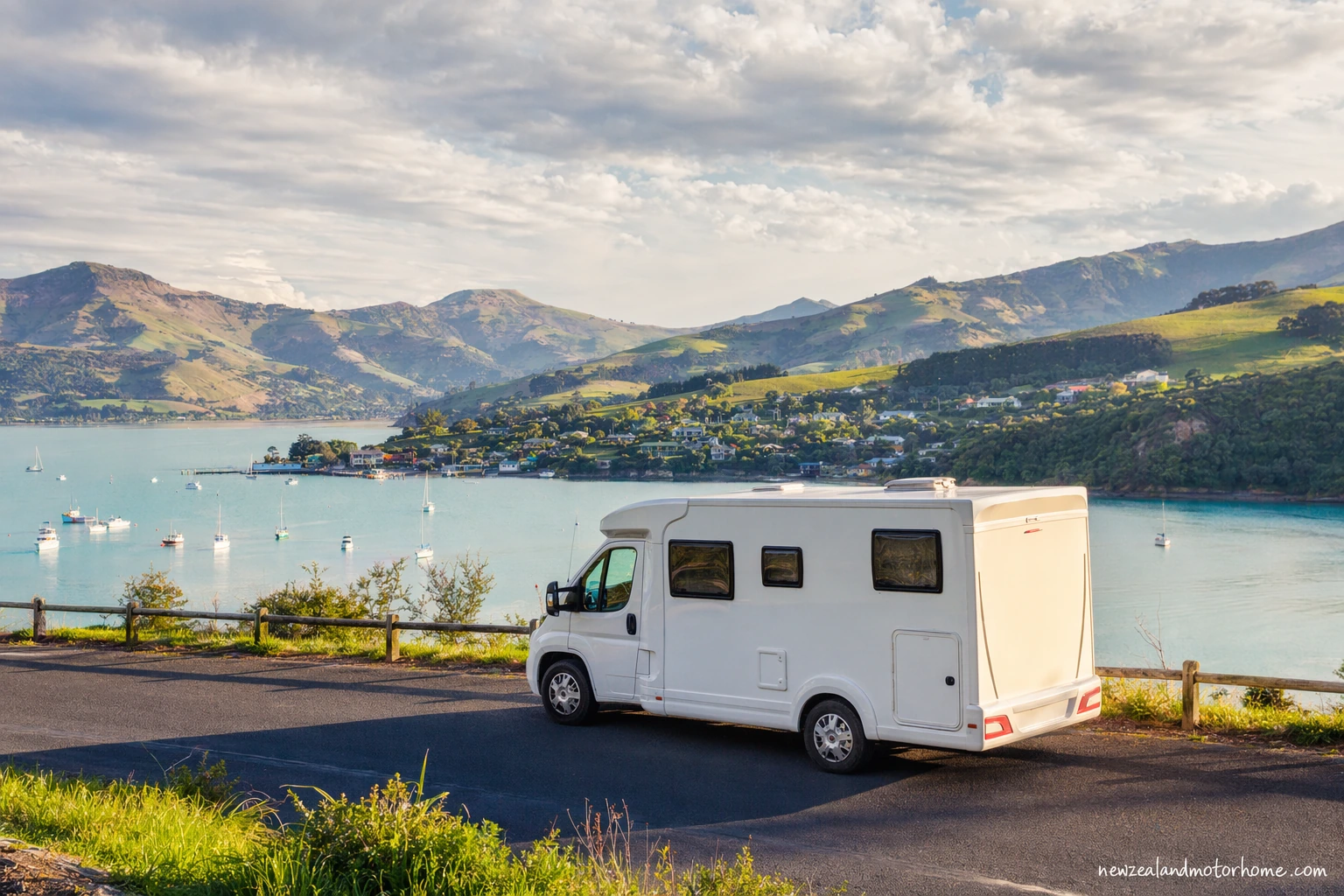 Campervan parked above Akaroa Harbour on Banks Peninsula