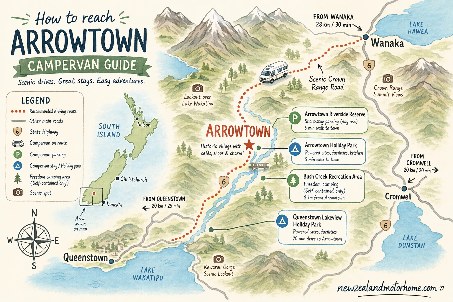 Illustrated campervan map — arrowtown campervan guide