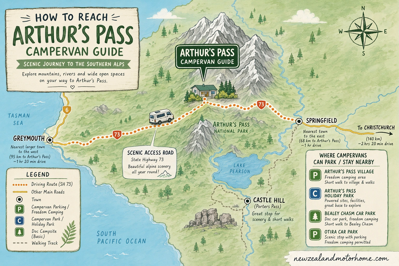 Illustrated campervan map — arthurs pass campervan guide