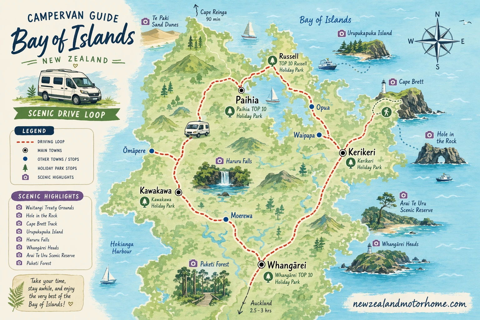 Illustrated campervan map — campervan guide bay of islands nz