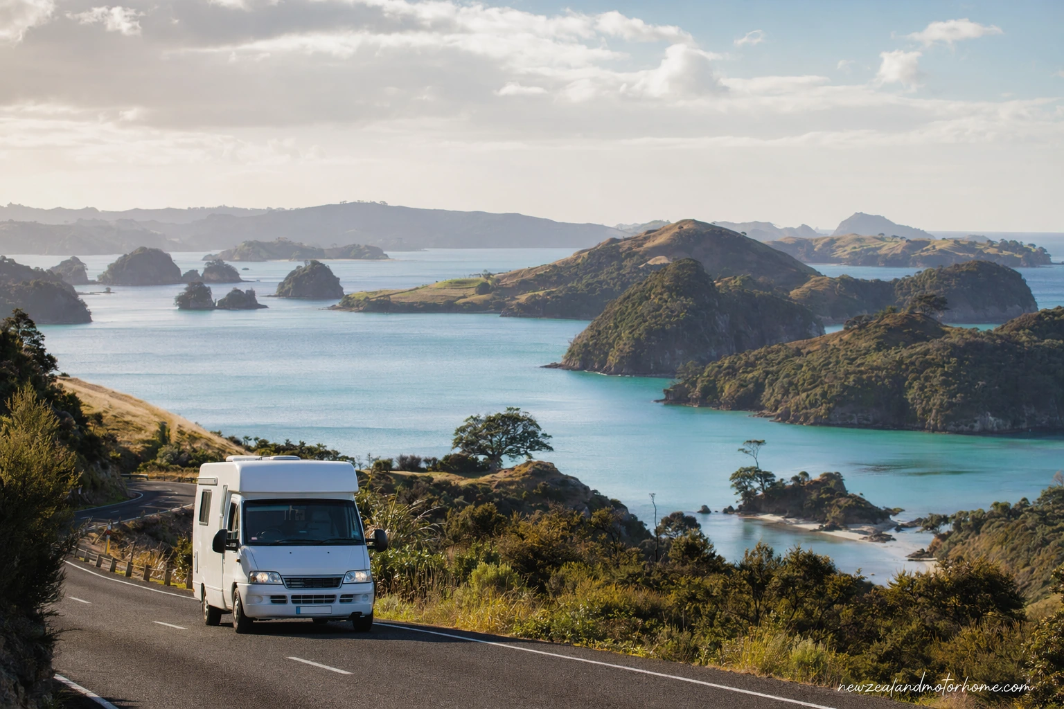 Campervan parked near the water in the Bay of Islands with sheltered blue bays and coastal hills