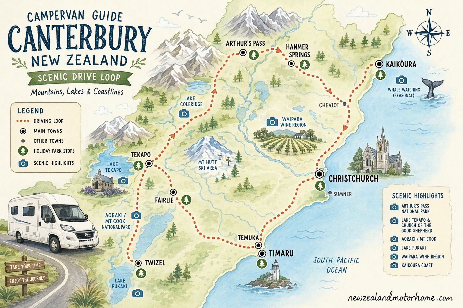 Illustrated campervan map — campervan guide canterbury nz