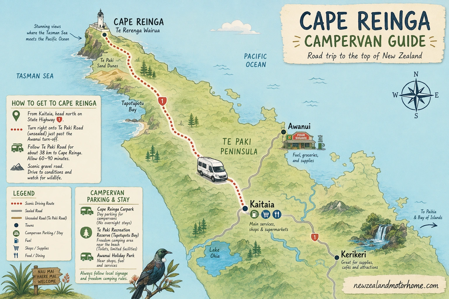 Illustrated campervan map — cape reinga campervan guide
