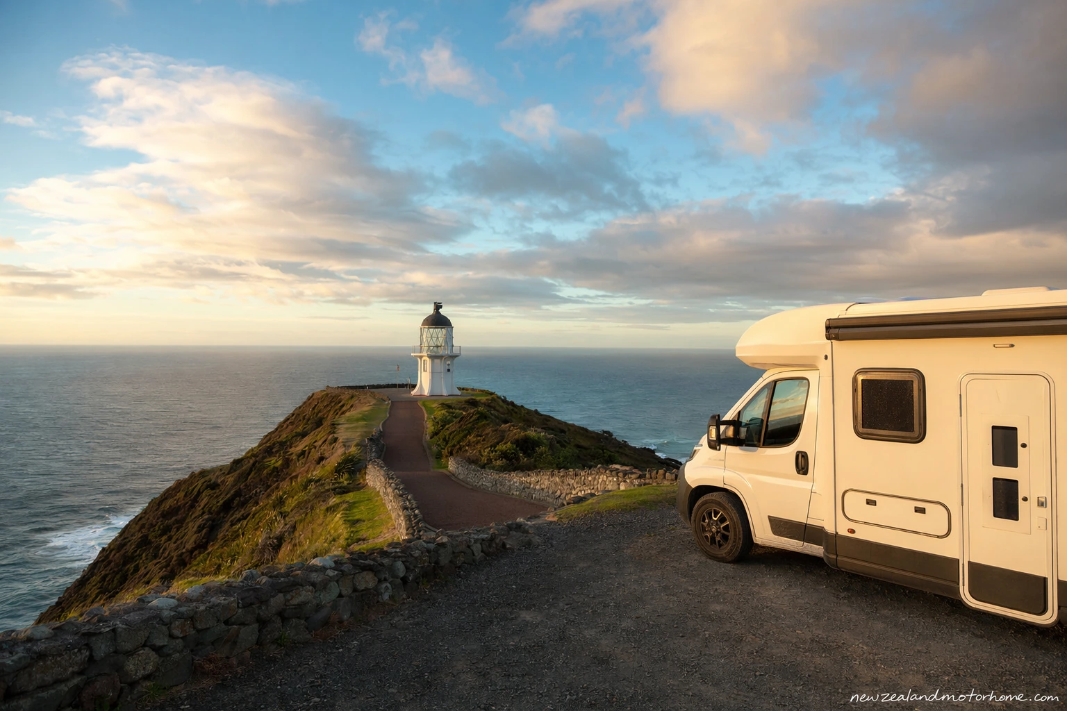 Campervan parked near Cape Reinga with the Far North coastline and lighthouse road beyond