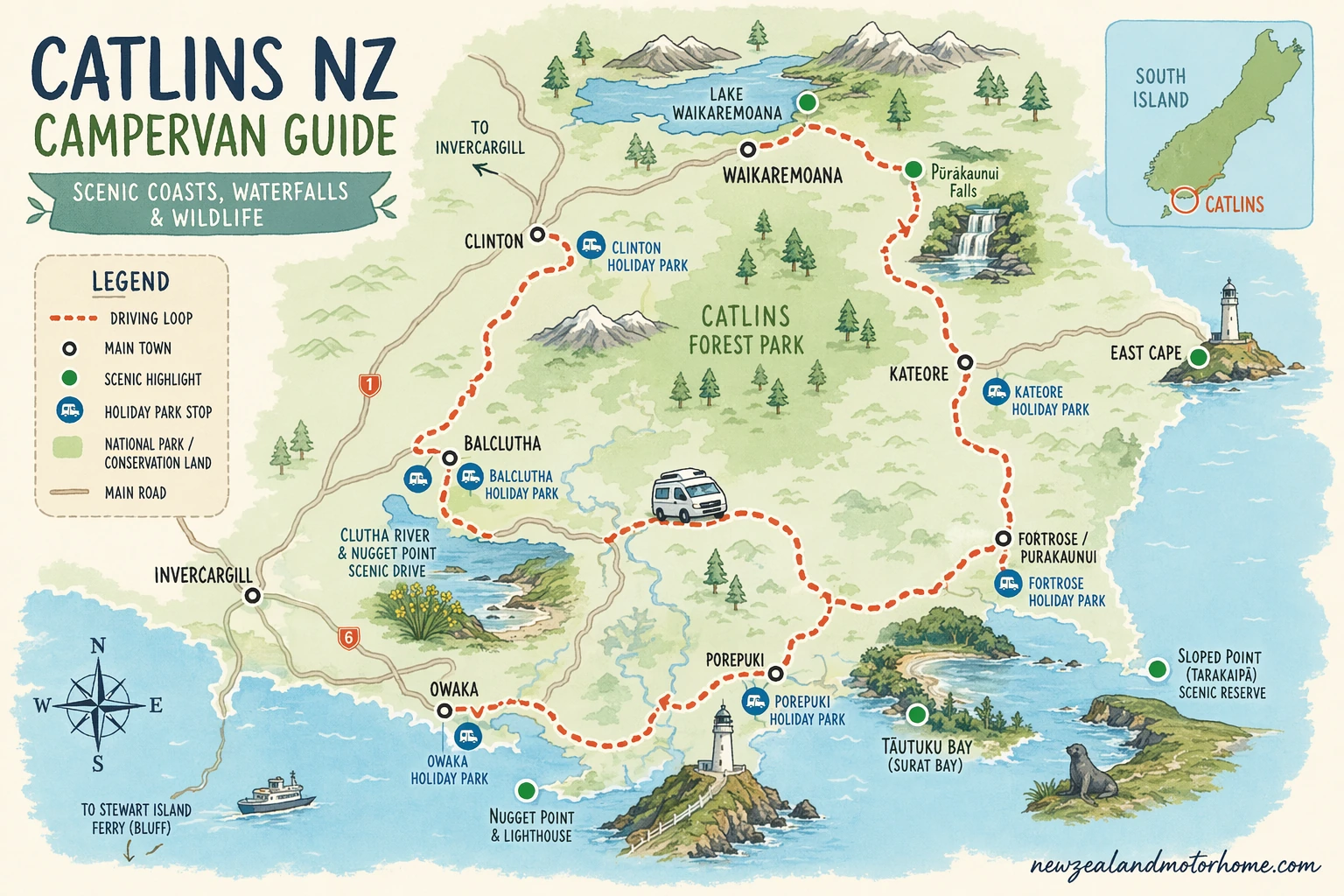 Illustrated campervan map — campervan guide catlins nz