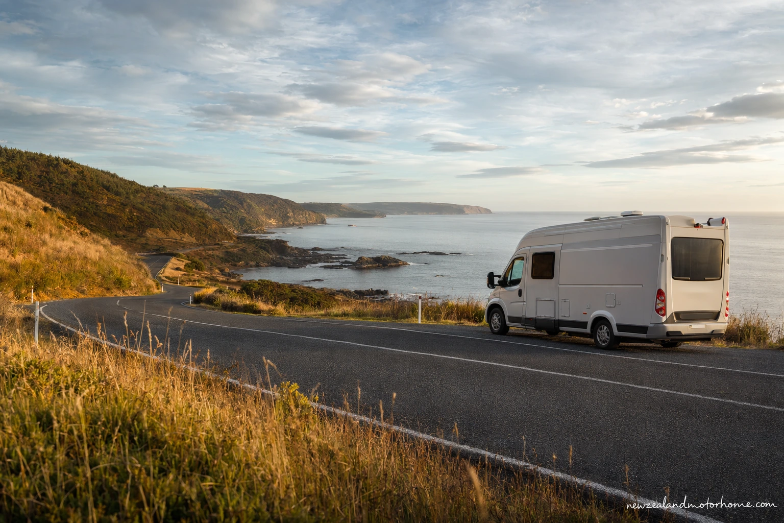Campervan parked near the rugged Catlins coast with forest and sea cliffs in view
