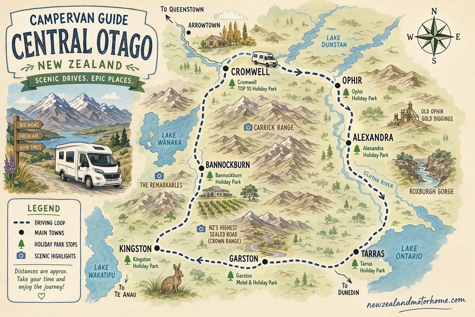 Illustrated campervan map — campervan guide central otago nz