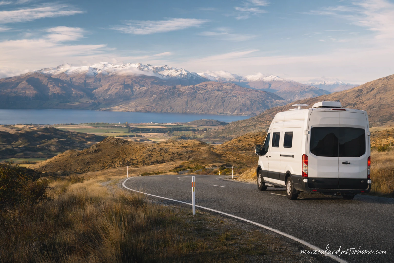 Campervan parked beside a quiet road in Central Otago with dry hills and vineyard country beyond