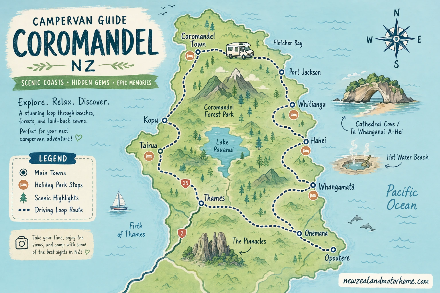 Illustrated campervan map — campervan guide coromandel nz