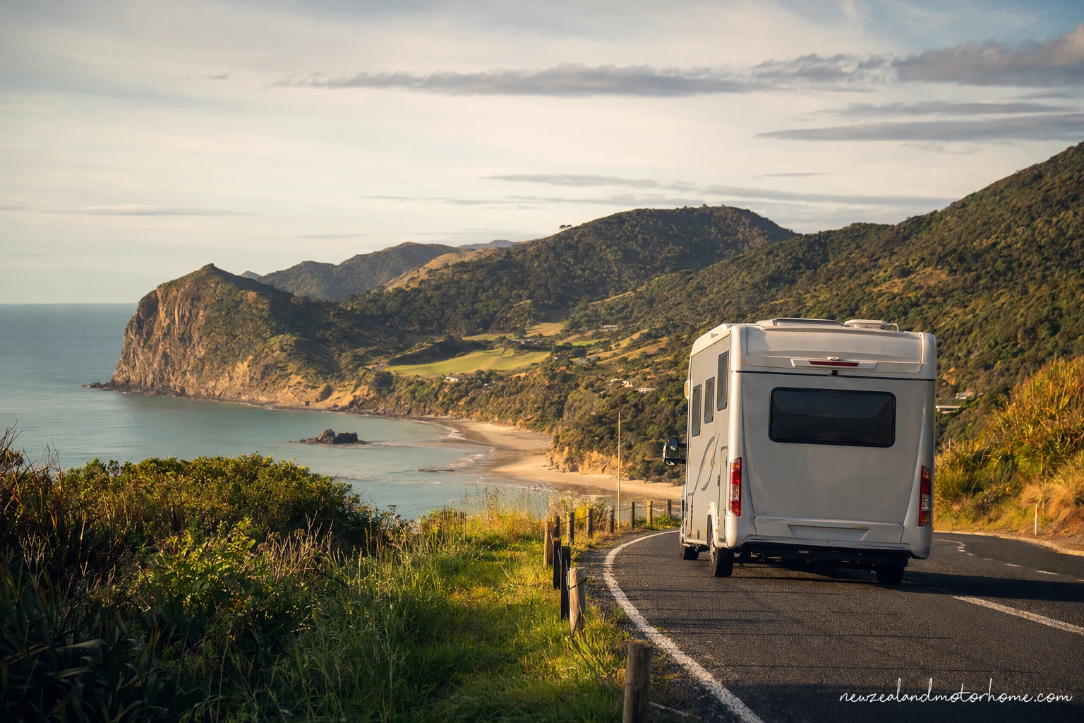 Campervan parked near a sheltered beach on the Coromandel Peninsula