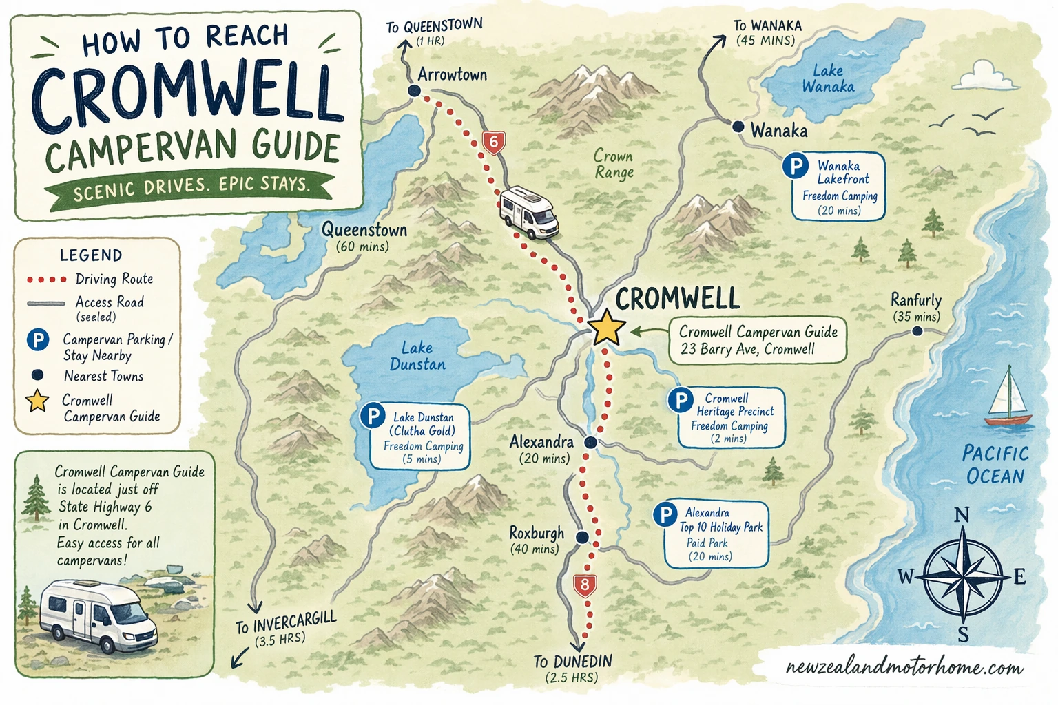 Illustrated campervan map — cromwell campervan guide