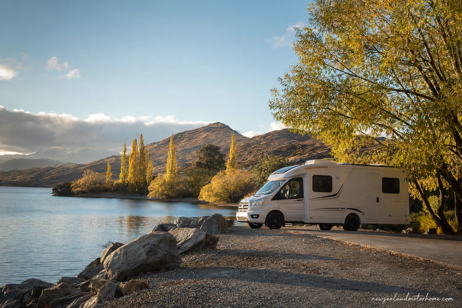 Campervan parked near Lake Dunstan in Cromwell with Central Otago hills in the background