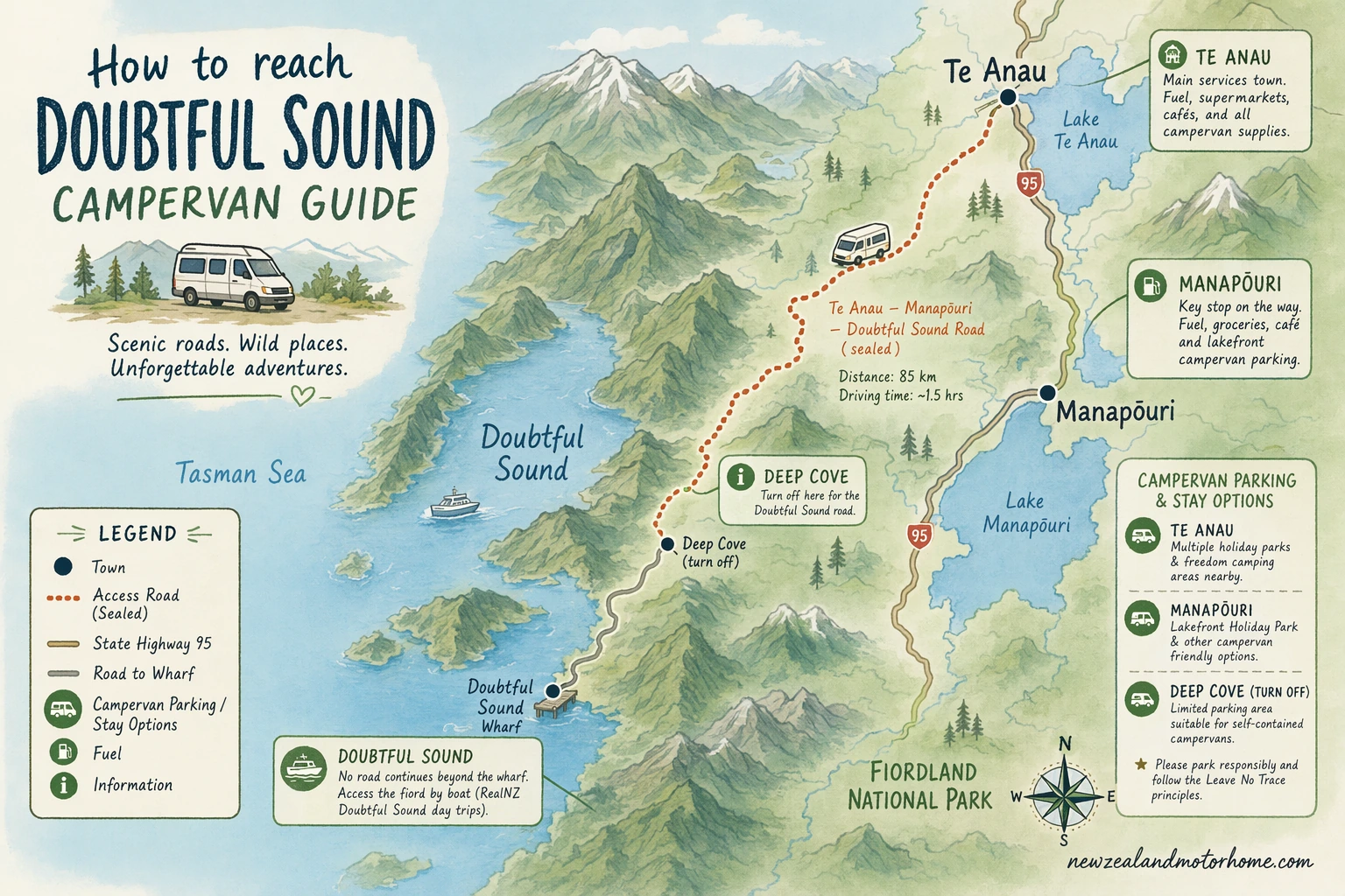 Illustrated campervan map — doubtful sound campervan guide