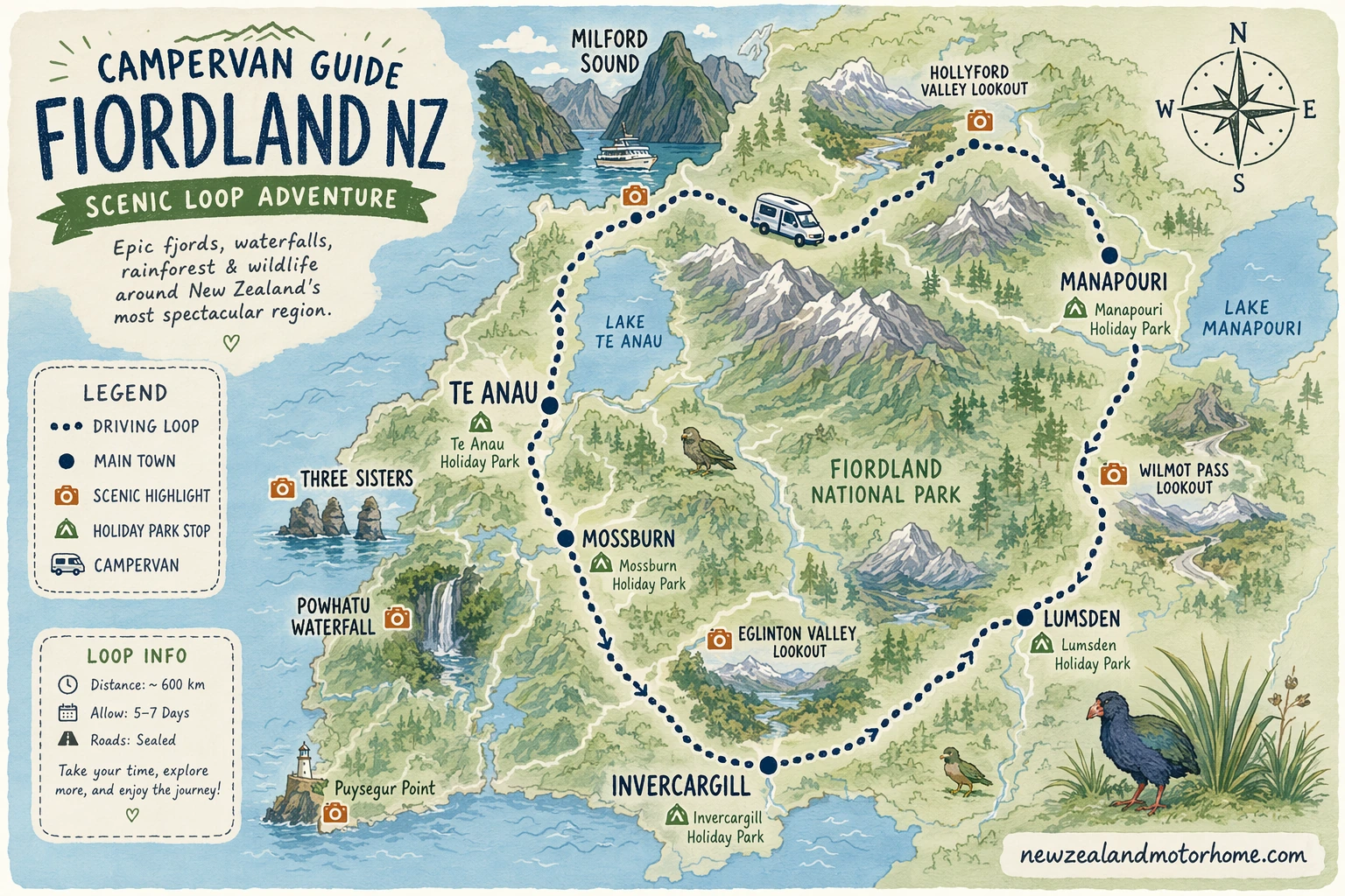 Illustrated campervan map — campervan guide fiordland nz