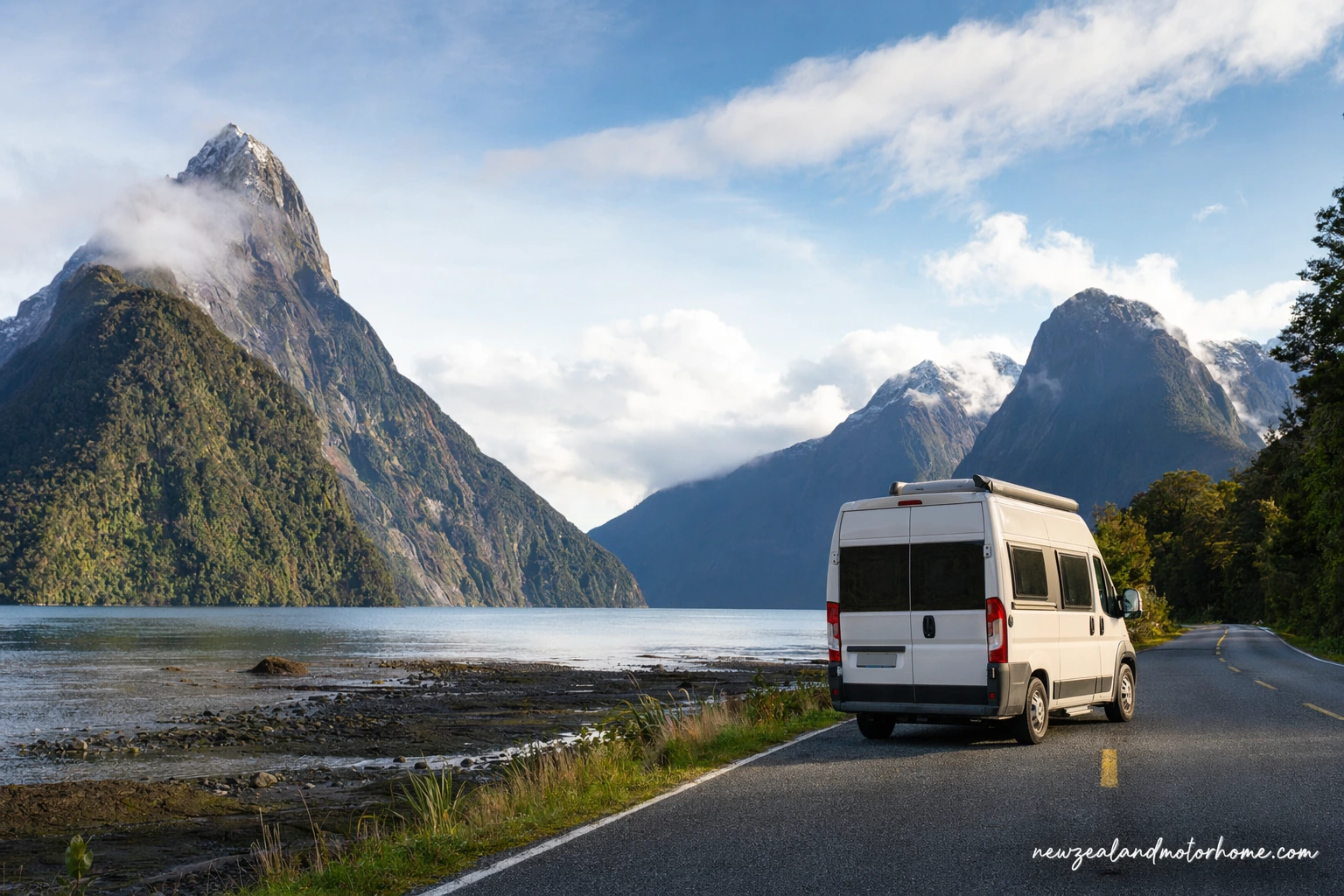 Campervan parked beside Lake Te Anau with Fiordland mountains and low cloud in the background