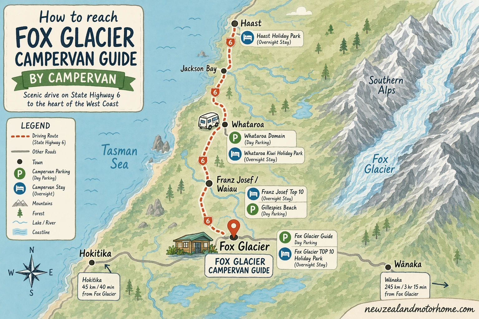 Illustrated campervan map — fox glacier campervan guide