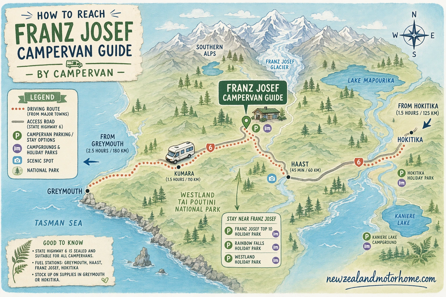 Illustrated campervan map — franz josef campervan guide