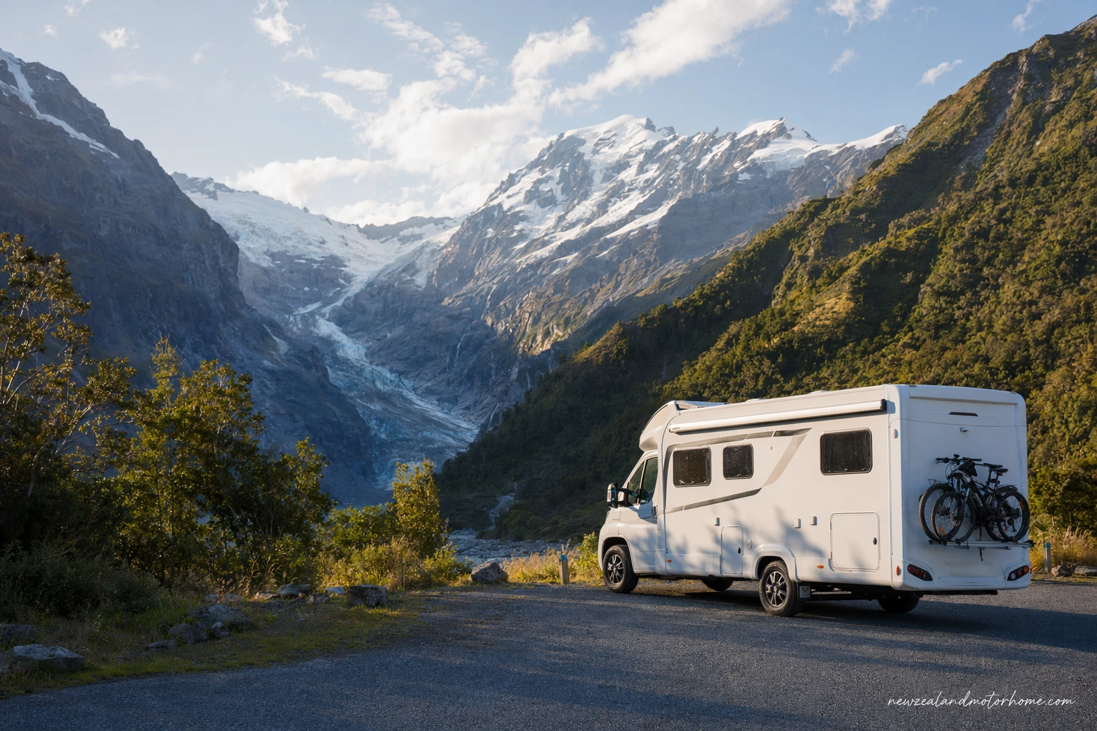 Campervan parked near Franz Josef with rainforest and glacier country in the background