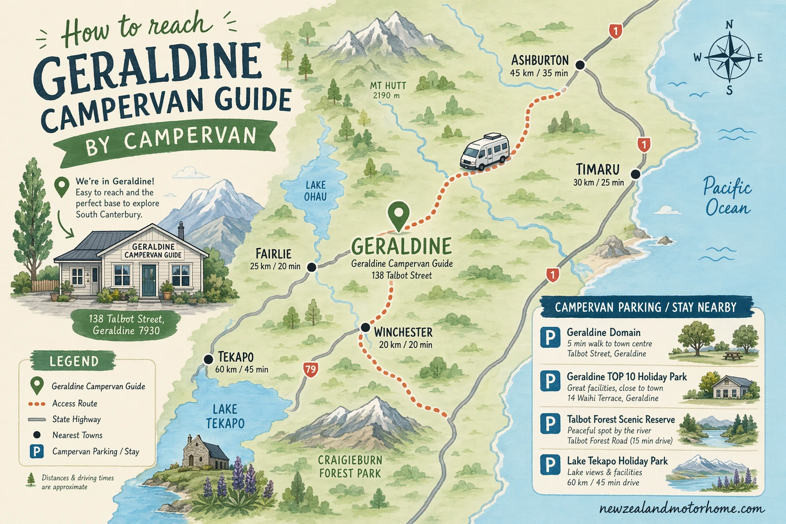 Illustrated campervan map — geraldine campervan guide