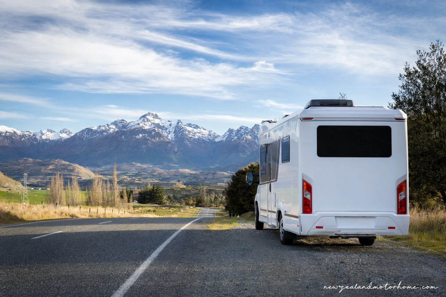 Campervan parked near Geraldine with South Canterbury foothills and rural road scenery