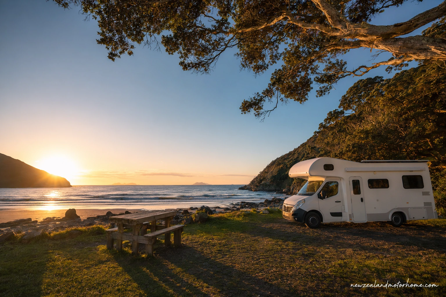 Campervan parked near the coast in Golden Bay with hills and calm water beyond