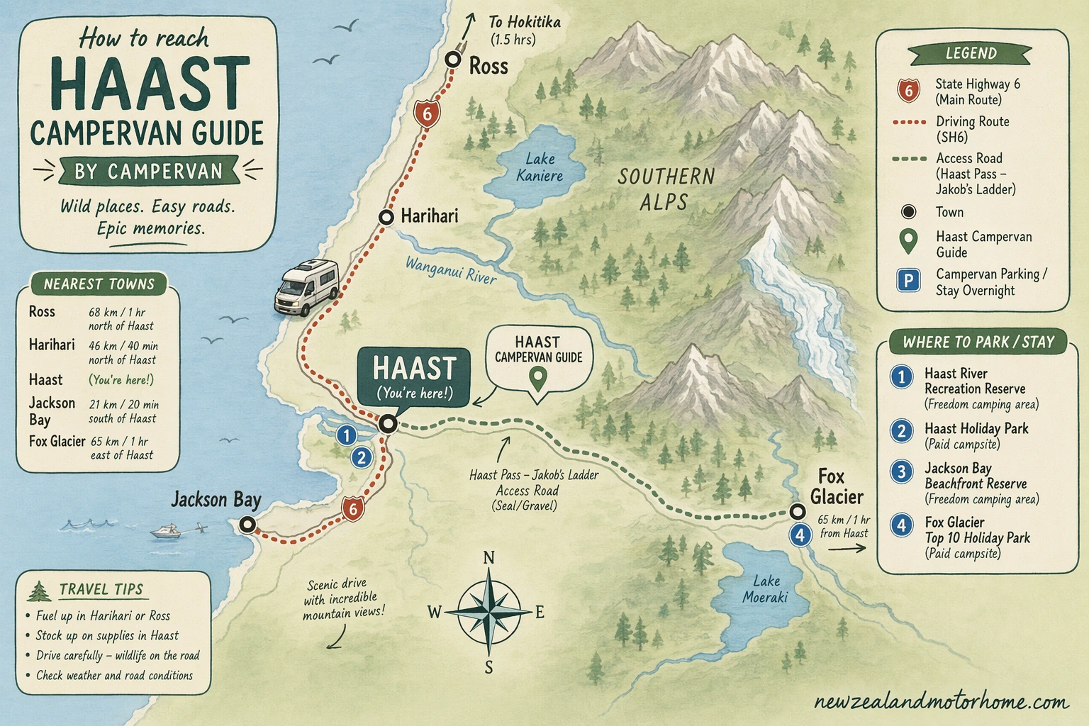 Illustrated campervan map — haast campervan guide