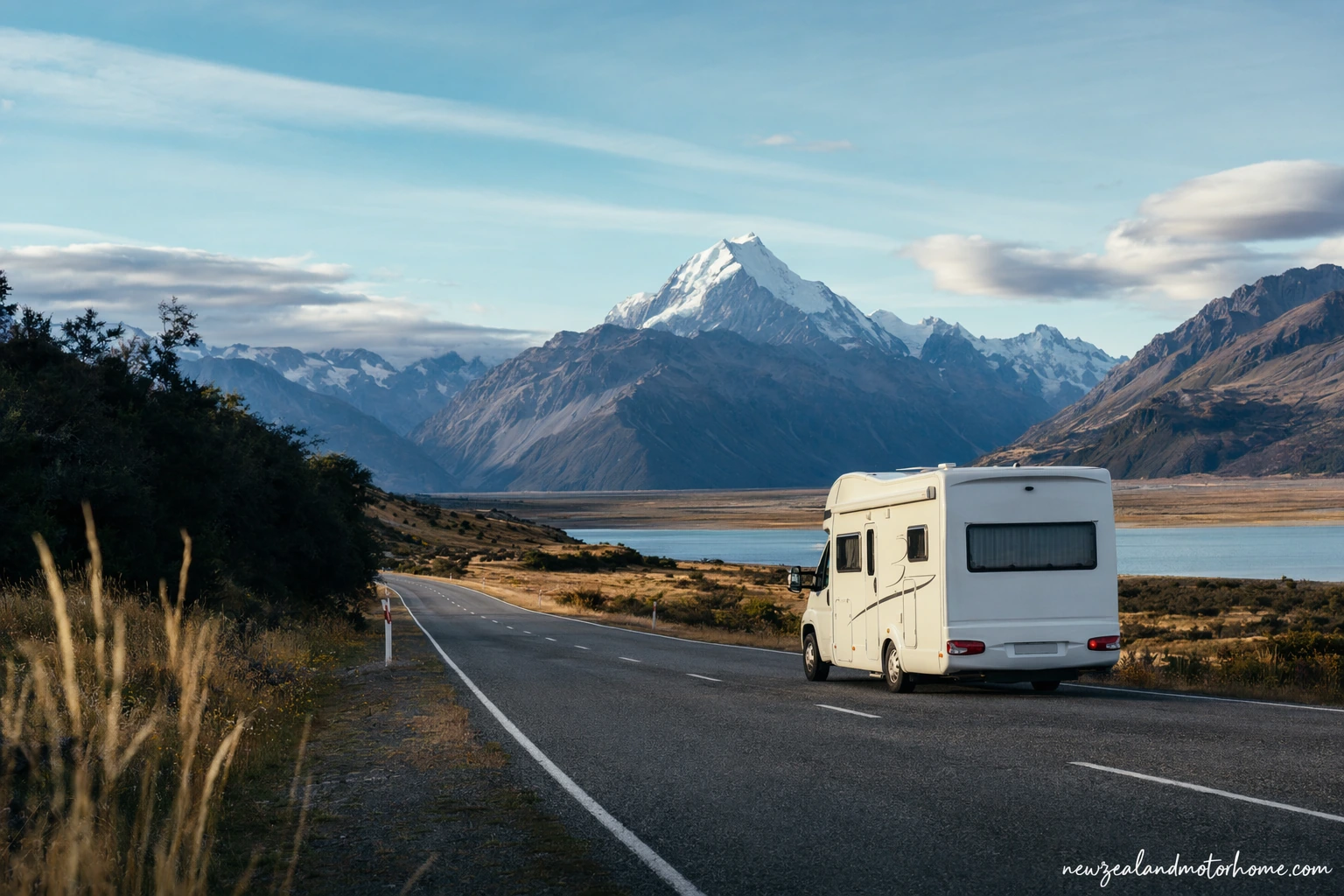 Campervan parked near Haast with West Coast rainforest and mountains in the background