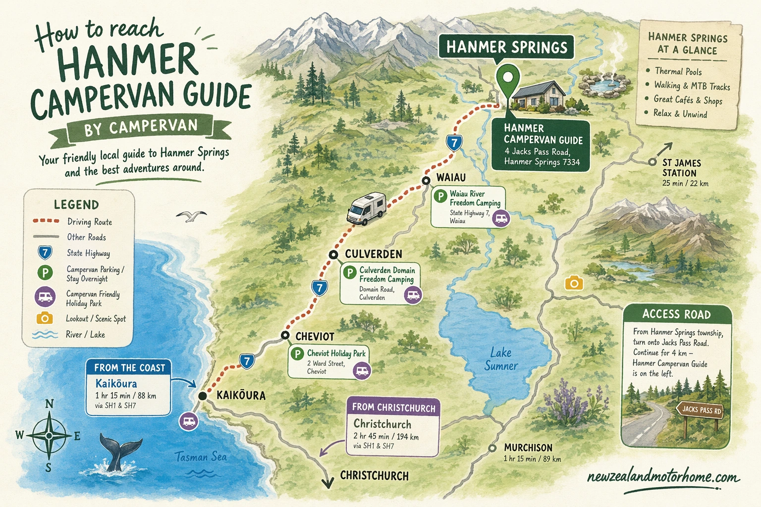 Illustrated campervan map — hanmer campervan guide