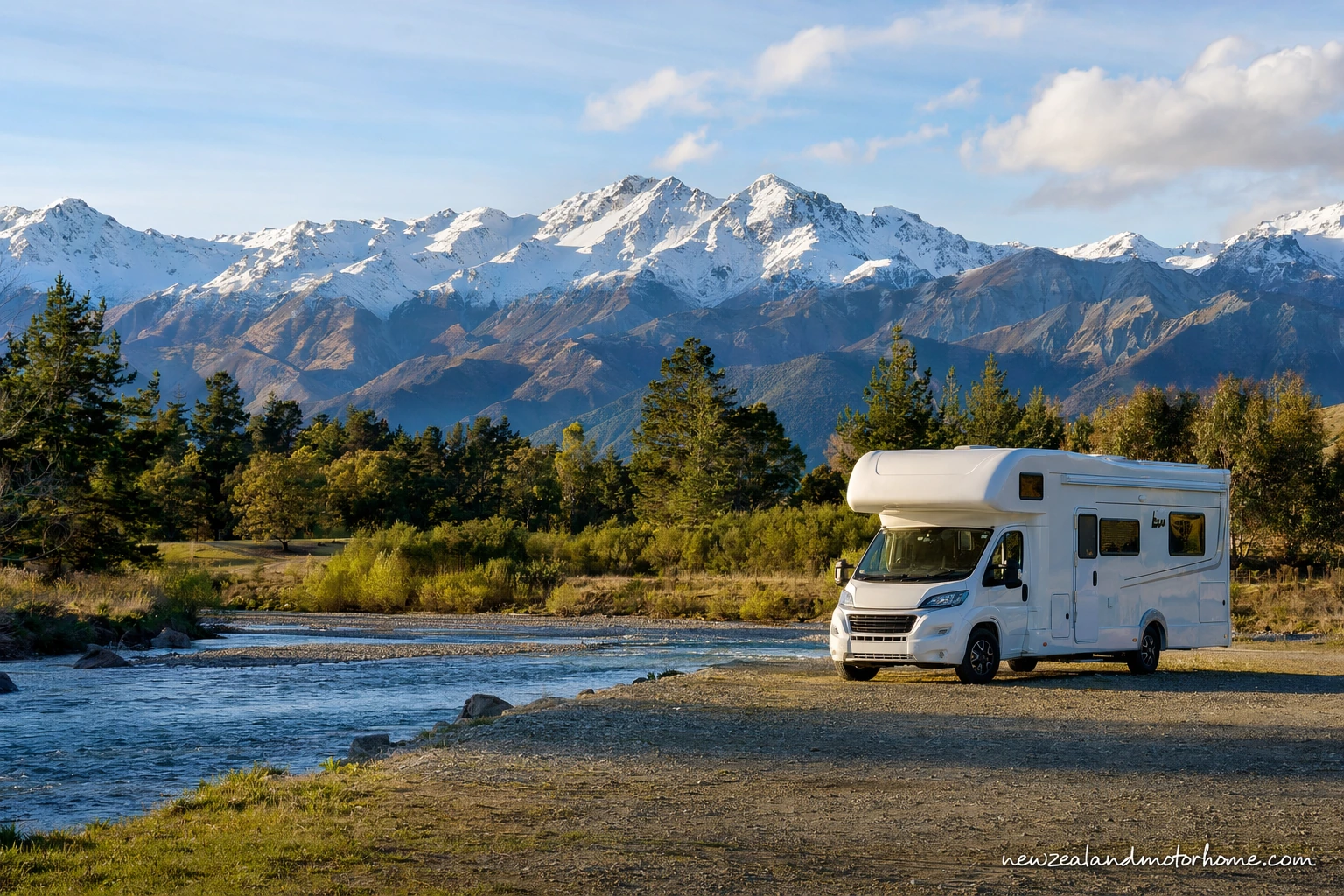 Campervan parked near Hanmer Springs with alpine hills and village hot pool country in the background