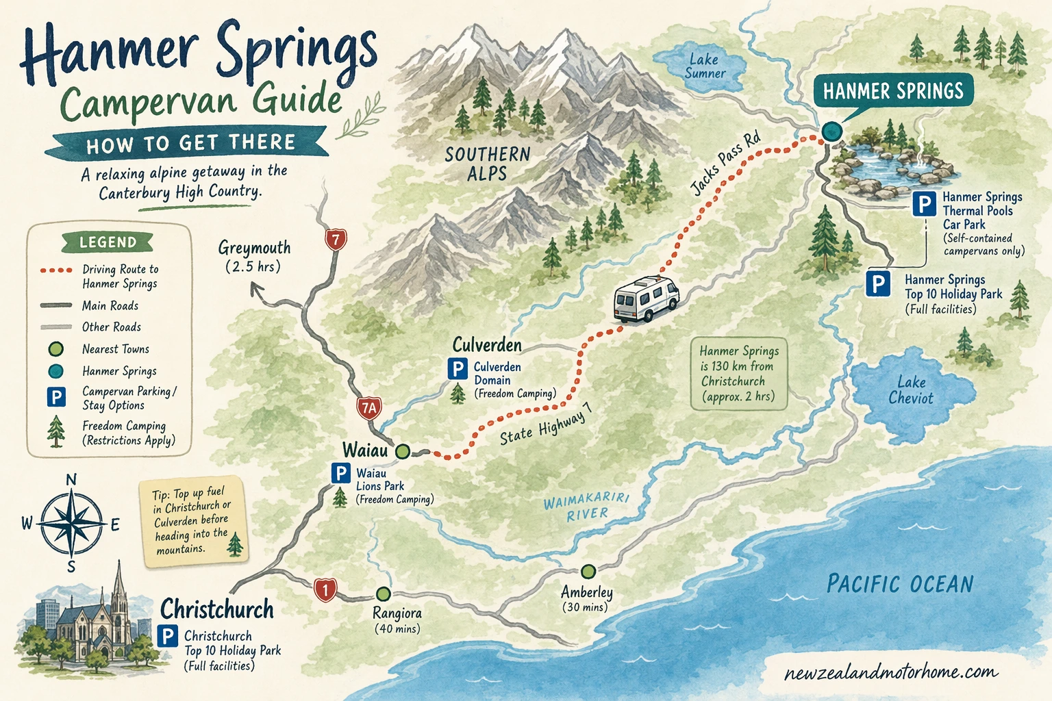 Illustrated campervan map — hanmer springs campervan guide