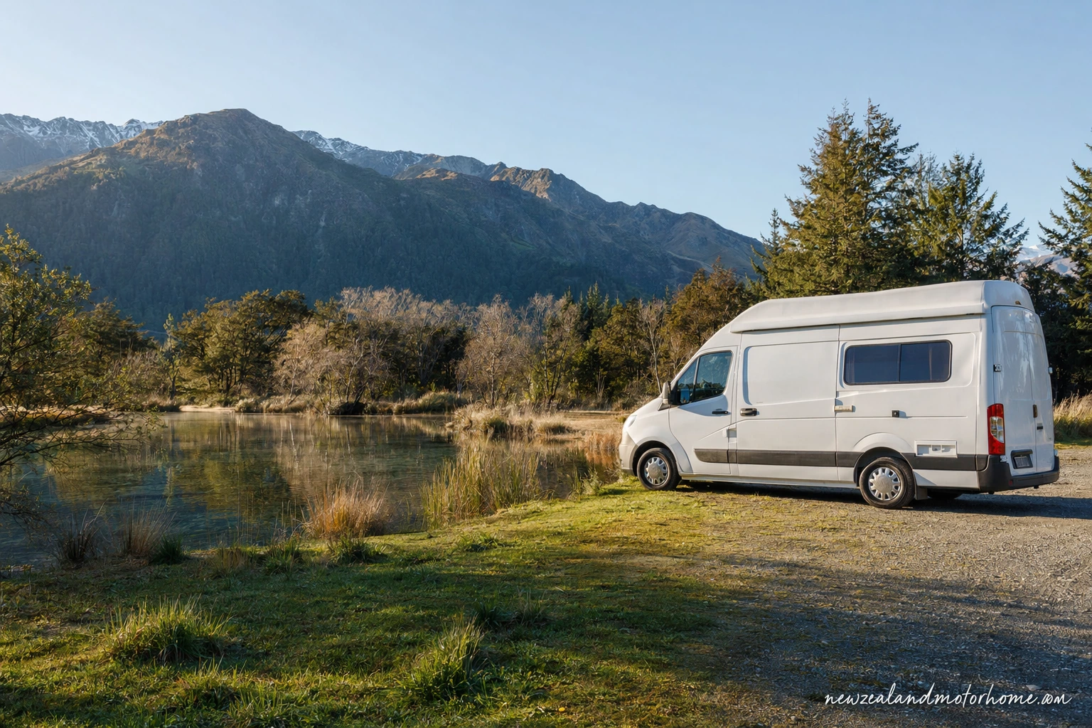 Campervan parked near Hanmer Springs with forested hills and the alpine village in view