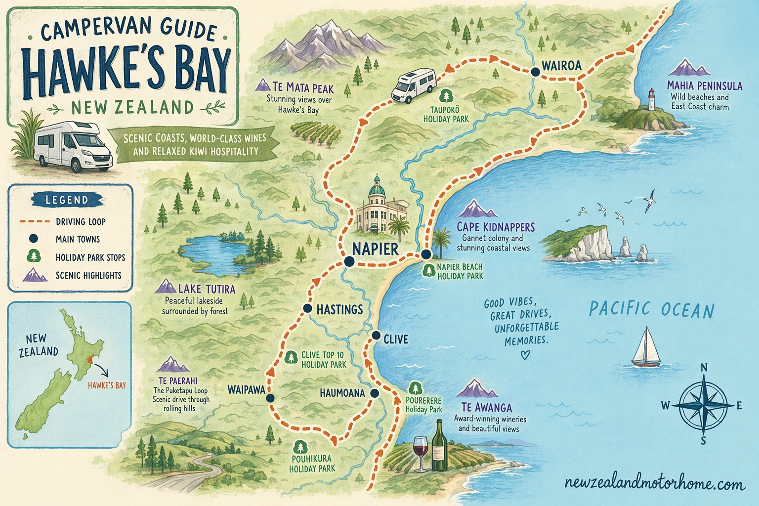 Illustrated campervan map — campervan guide hawkes bay nz